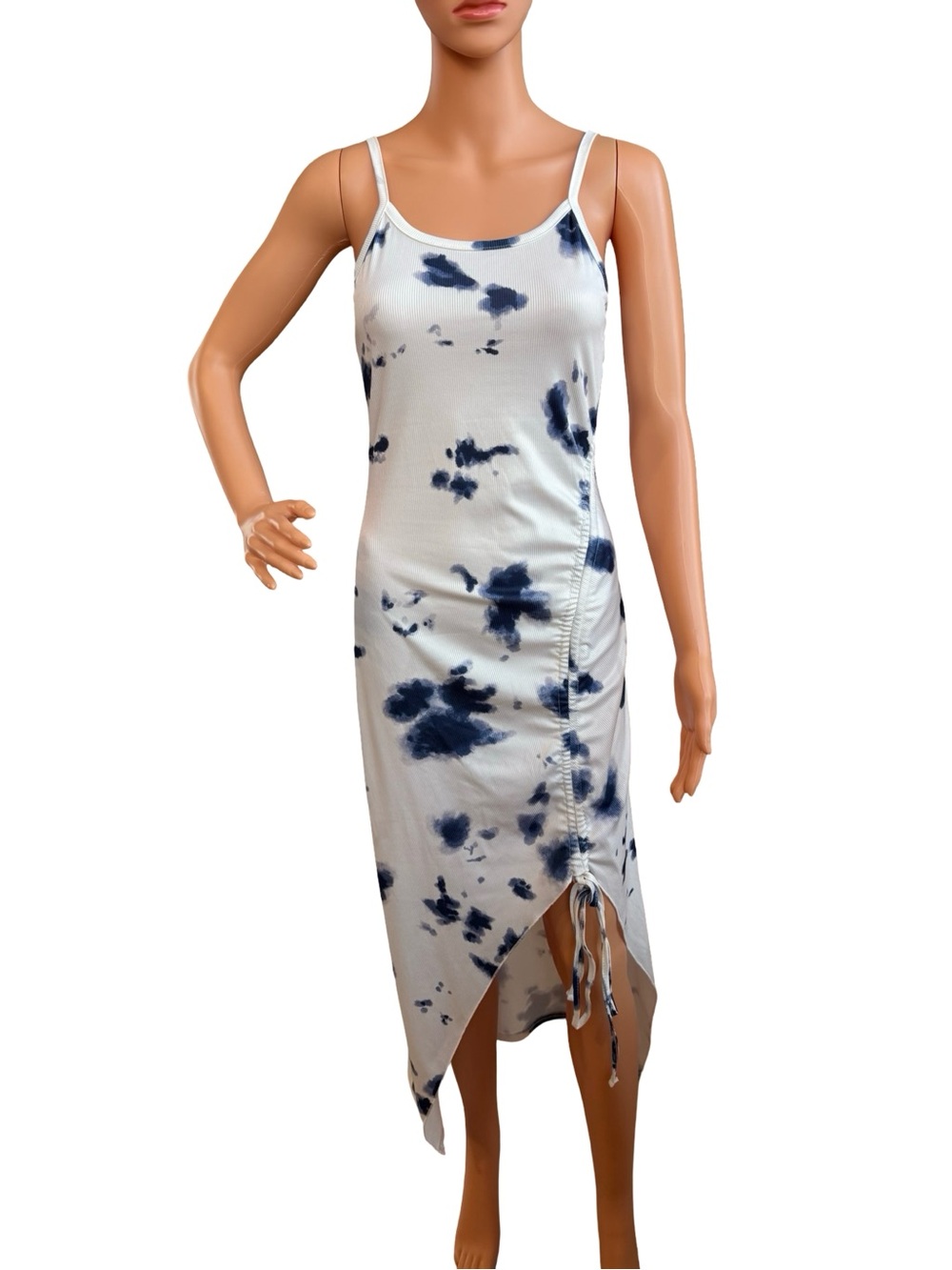 Adjustable Spaghetti-Strap Tie-Dye Midi Dress in White and Navy